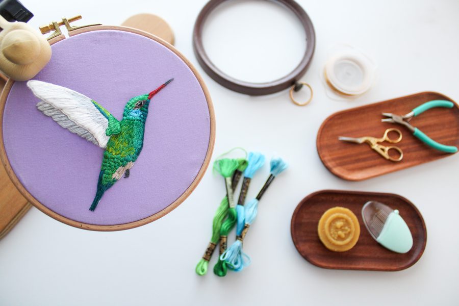 Embroidery tablescape with stitching tools