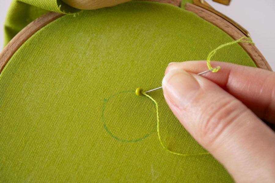 Embroidering beads onto a beaded slip