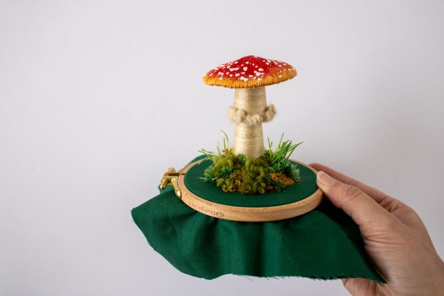 Turkey Stitch moss and grass created with a variety of wool and silk threads and a chenille needle